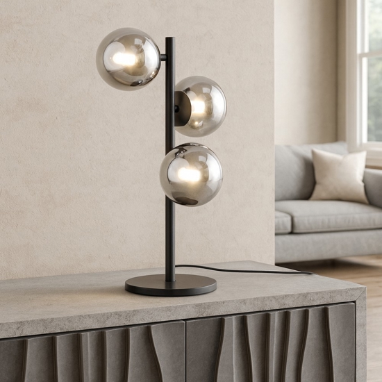 Ideal lux perlage tl3 lampada da tavolo tre luci sfere fume' metallo nero Ideal lux perlage tl3 lampada da tavolo tre luci sfere fume' metallo nero