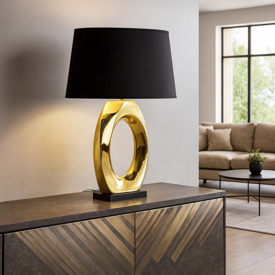 Lampada da tavolo in ceramica oro lucido paralume nero