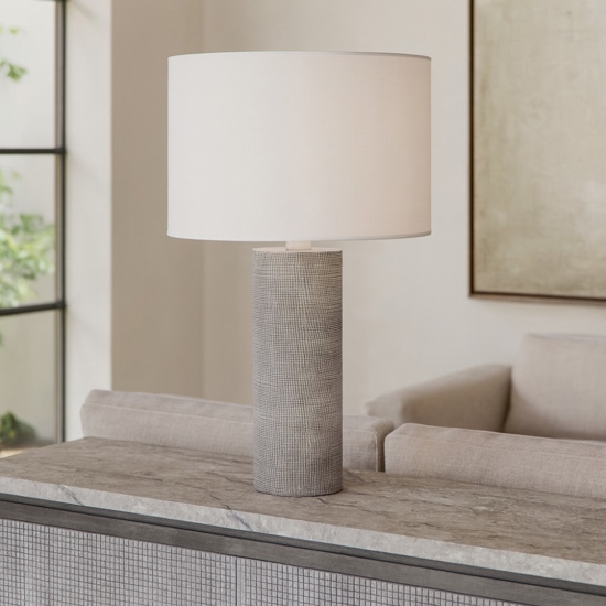 Lampada da tavolo tribale perenz grigio cemento paralume tessuto