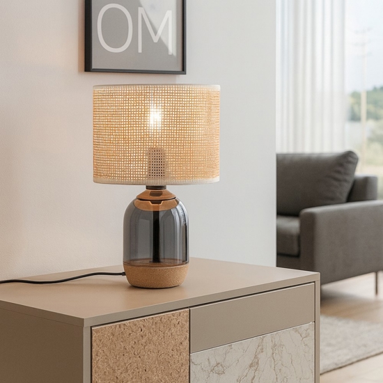 Lampada da tavolo vetro grigio fumo paralume in vimini Lampada da tavolo vetro grigio fumo paralume in vimini