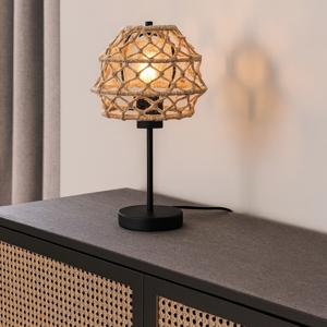 Lampada da tavolo marrone con paralume in canapa