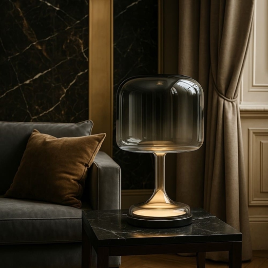 Lampada da tavolo spirito maytoni vetro fume' nera led 18w 3000k dimmerabile
