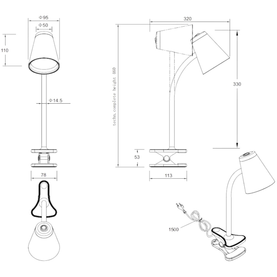 Lampada da scrivania per ufficio orientabile nera con pinza led 4.5w 3000k