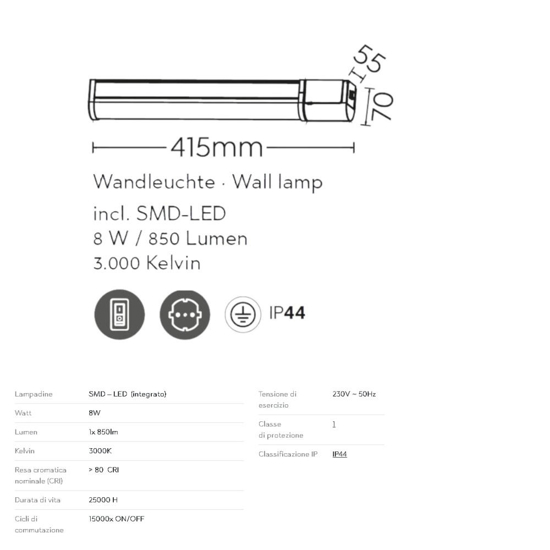 Applique da bagno cromo led 8w 3000k con presa elettrica Applique da bagno cromo led 8w 3000k con presa elettrica