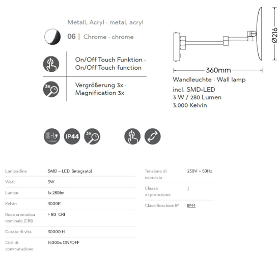 Applique per bagno con specchio led 3w touch orientabile ip44 Applique per bagno con specchio led 3w touch orientabile ip44