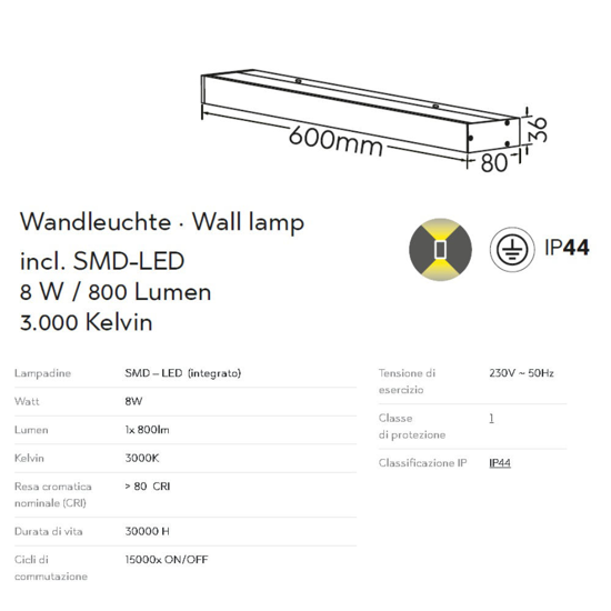 Applique da bagno bianca rettangolare led 8w 3000k