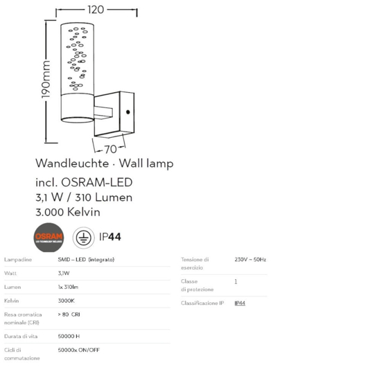 Applique da bagno design moderno led 3w cromo