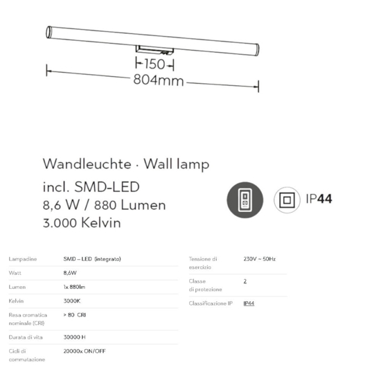 Applique per specchio bagno 80cm led 8w 3000k cromo
