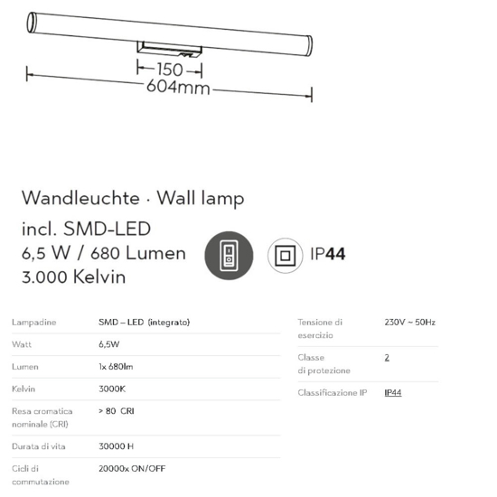 Applique cromo per specchio bagno 60cm led 6w 3000k