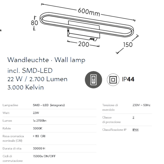 Applique cromo per bagno 60cm led 22w 3000k ip44 Applique cromo per bagno 60cm led 22w 3000k ip44