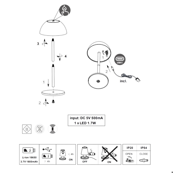 Lampada da tavolino senza fili ricaricabile nera moderna