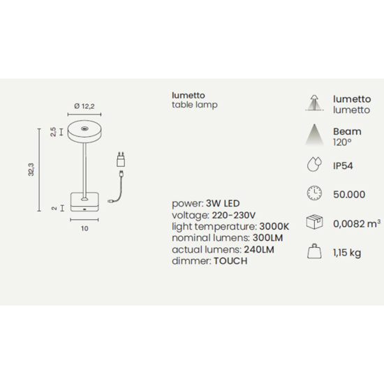 Lampada da esterno per tavolo senza fili lt tap ondaluce touch dimmer led salvia
