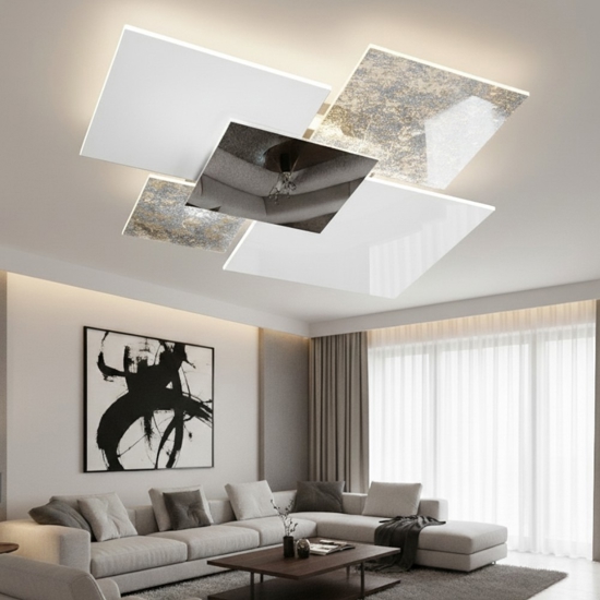 Plafoniera moderna 90cm vetri bianco foglia argento top light shadow Plafoniera moderna 90cm vetri bianco foglia argento top light shadow