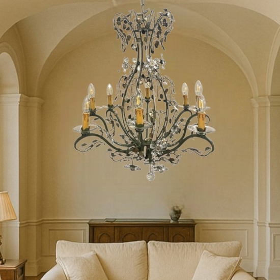 Lampadario mechini ferro battuto swarovski per salone fp