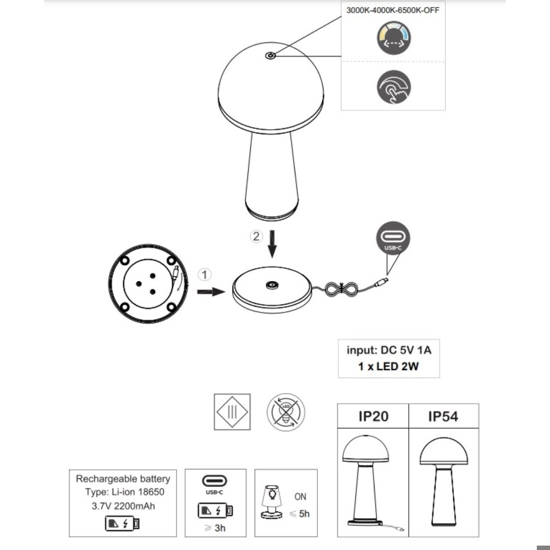 Lampada da tavoli per esterno antracite portatile ricaricabile