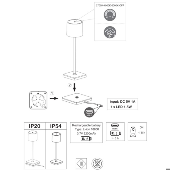 Kit 6 lampade da tavolo grigio senza fili con postazione ricaricabile