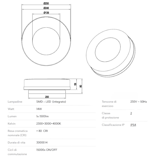 Applique da esterno rotonda nero 14w 2300k-3000k-4000k