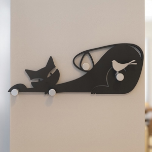 Gatto nero appendiabiti da parete moderno in legno