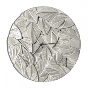 Visualizza i dettagli per Orologio da parete rotondo foglie di ceramica grigio perla lucido Orologio da parete rotondo foglie di ceramica grigio perla lucido
