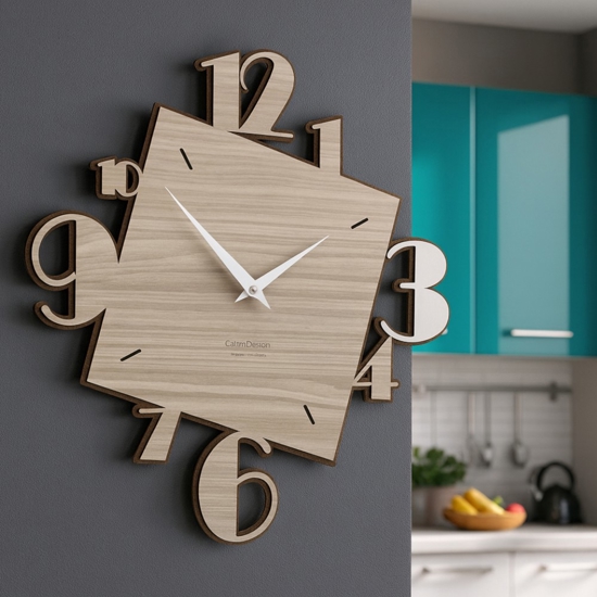Orologio squadrato da parete design numeri legno noce e sabbia Orologio squadrato da parete design numeri legno noce e sabbia