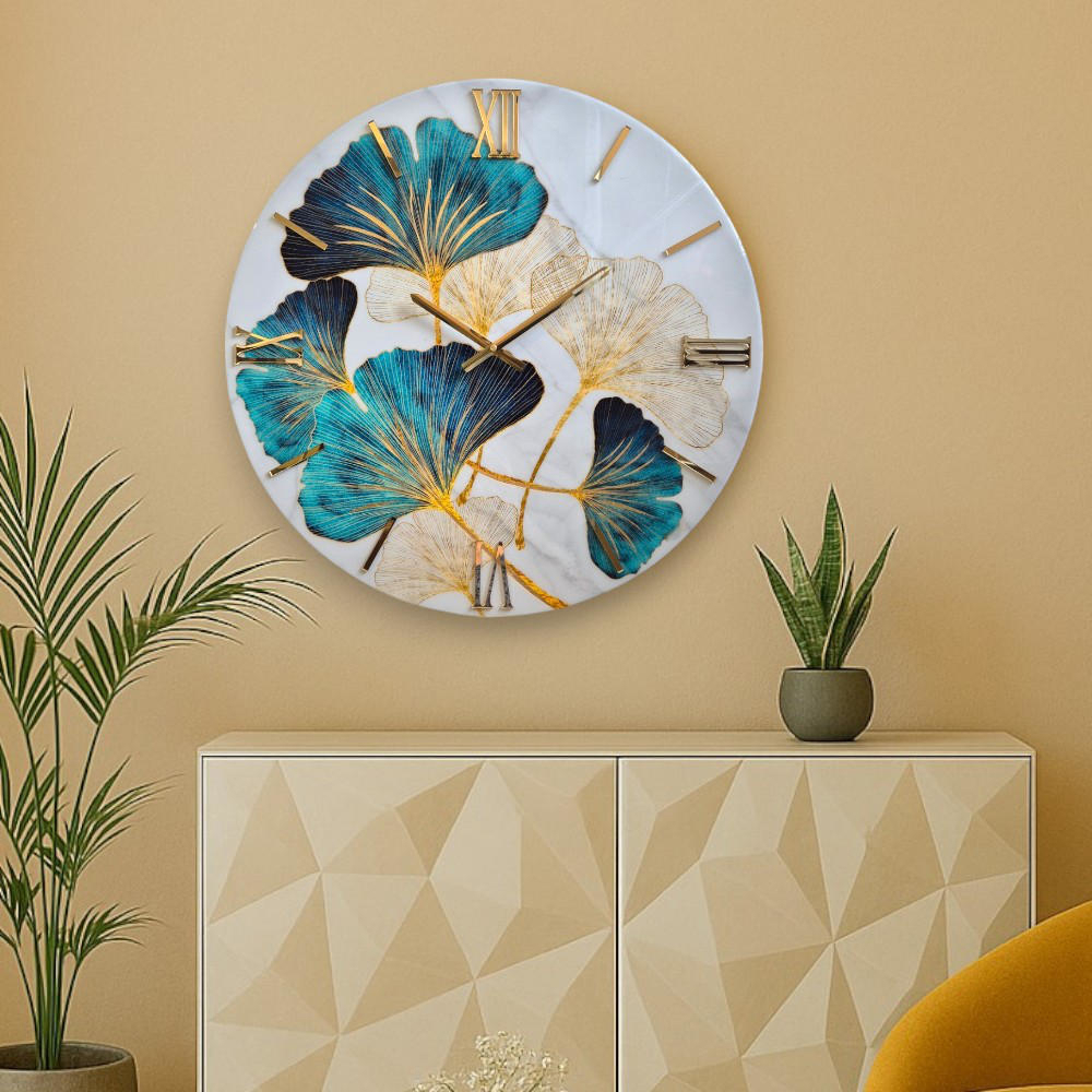 Grande Orologio Da Parete Silenzioso A Forma Di Foglia Di Ginkgo | Design 3D In Metallo Anticato | 92 Cm | Per Soggiorno E Cucina