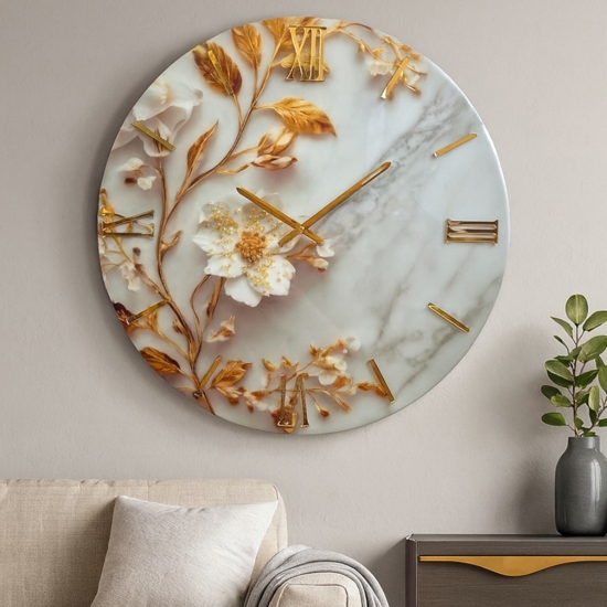 Orologio in resina moderno per parete 60cm fiore foglia oro cristalli