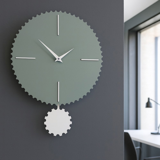Orologio rotondo da parete verde in legno con pendolo