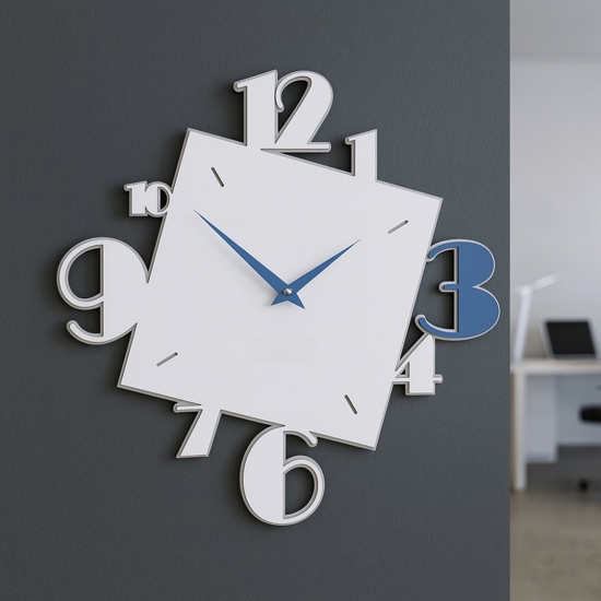 Orologio da parete squadrato legno bianco e blu numeri moderni Orologio da parete squadrato legno bianco e blu numeri moderni