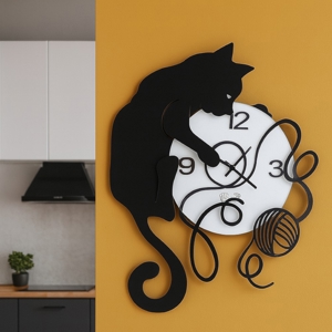 Orologio da parete moderno gatto gomitolo nero bianco