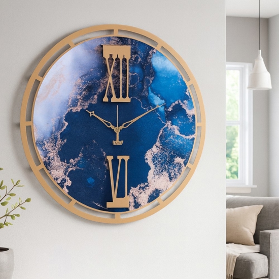 Orologio moderno da muro  metallo rotondo oro effetto marmo blu Orologio moderno da muro  metallo rotondo oro effetto marmo blu