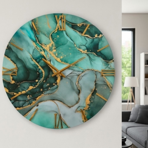Visualizza i dettagli per Orologio per parete 100cm in resina foglia oro verde moderno Orologio per parete 100cm in resina foglia oro verde moderno