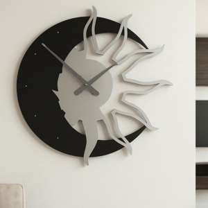 Visualizza i dettagli per Sole luna grande orologio 60 da parete moderno legno nero grigio Sole luna grande orologio 60 da parete moderno legno nero grigio