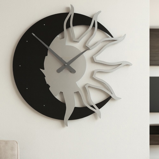 Sole luna grande orologio 60 da parete moderno legno nero grigio Sole luna grande orologio 60 da parete moderno legno nero grigio