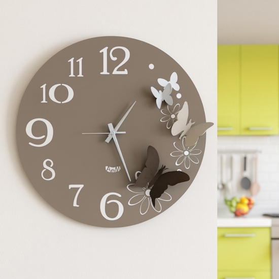 Orologio rotondo da muro moderno farfalle sabbia e bronzo Orologio rotondo da muro moderno farfalle sabbia e bronzo