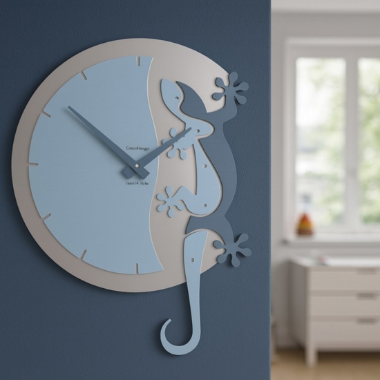 Geko orologio da parete moderno legno colore azzurro polvere