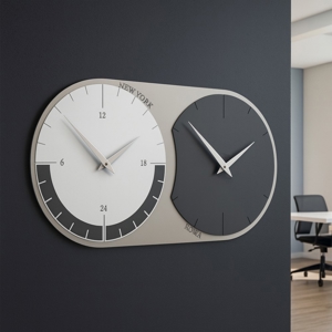 Visualizza i dettagli per Orologio da parete moderno fusi orari 2 grigio quarzo bianco Orologio da parete moderno fusi orari 2 grigio quarzo bianco