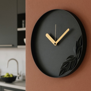 Orologio nero da parete design rotondo con foglie