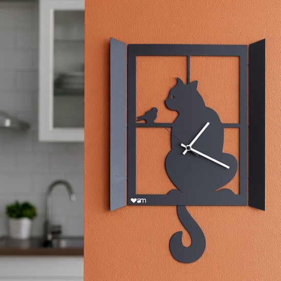 Orologio da parete gatto alla finestra nero con pendolo
