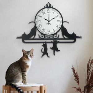 Visualizza i dettagli per Orologio moderno da parete design gatti metallo nero numeri romani Orologio moderno da parete design gatti metallo nero numeri romani