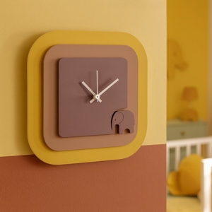 Visualizza i dettagli per Orologio da parete quadrato elefantino color giallo mousse e viola Orologio da parete quadrato elefantino color giallo mousse e viola