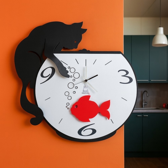 Orologio da parete gatto con pesce rosso nero moderno