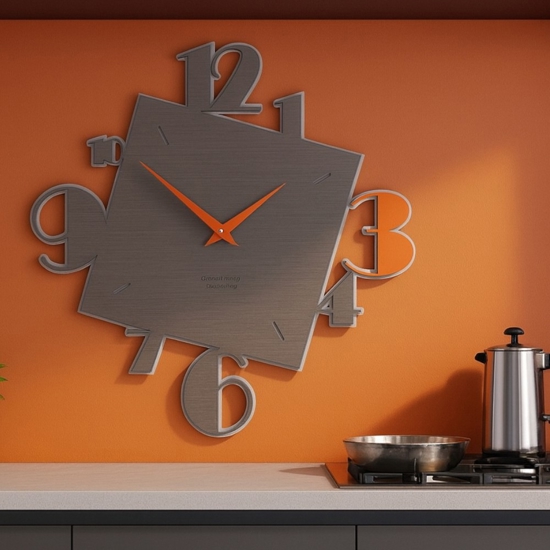 Orologio moderno per parete numeri in legno arancione