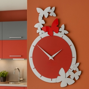 Orologio moderno da parete farfalle legno grigio rosso rubino