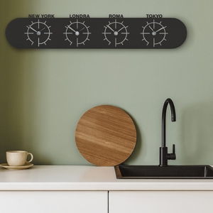 Visualizza i dettagli per Orologio legno nero da parete fusi orari moderno  Orologio legno nero da parete fusi orari moderno