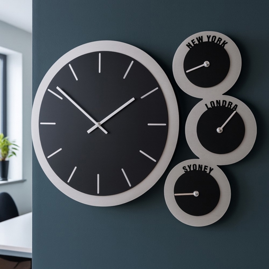 Orologio da parete fuso orario legno nero e grigio