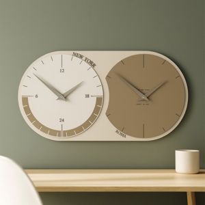 Visualizza i dettagli per Moderno orologio da muro fusi orari 2 caffelatte e bianco in legno Moderno orologio da muro fusi orari 2 caffelatte e bianco in legno