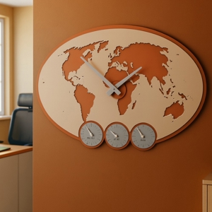 Visualizza i dettagli per Orologio da parete planisfero fusi orari legno colore sabbia rosata Orologio da parete planisfero fusi orari legno colore sabbia rosata
