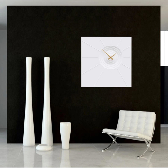 Orologio quadrato da parete bianco lancette oro in legno moderno