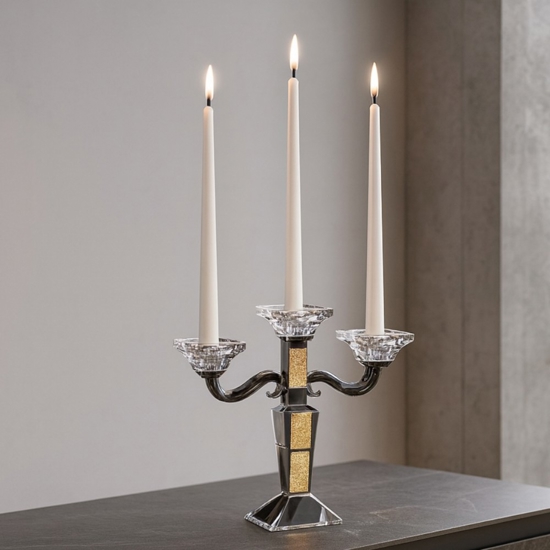 Candelabro candeliere da tavolo tre fiamme vetro cristallo inserti oro fp Candelabro candeliere da tavolo tre fiamme vetro cristallo inserti oro fp