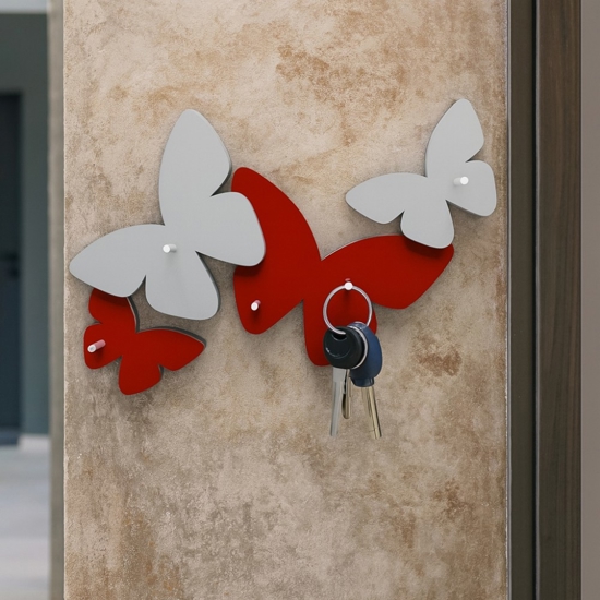 Appendichiavi farfalle da parete magnetico legno rosso grigio